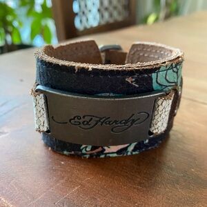 Ed Hardy Distressed Genuine Leather Cuff with Tan and Blue Accents